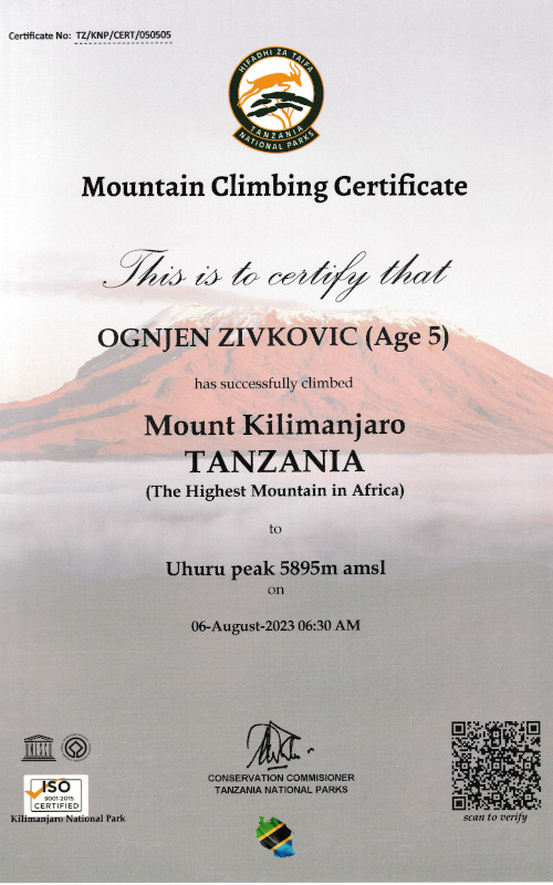 Ognjen Živković kilimanjaro youngest certificate